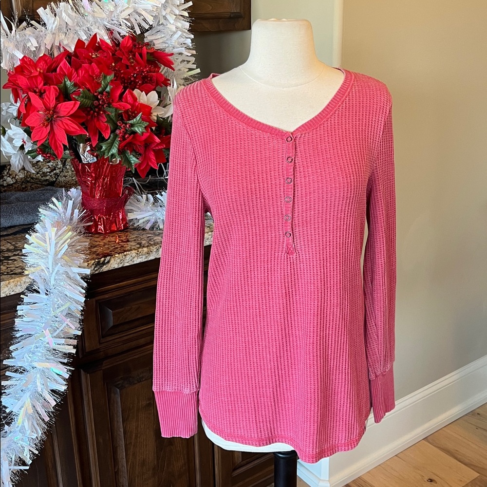Henley Waffle Shirt Vintage Washed Out Pink Berry Comfy Womens Top Medium New